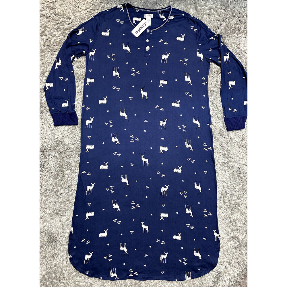 Claudel Soft Sleep Gown Loungewear Navy Christmas/Winter Print Size XL $80 NWT